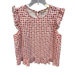 Solitaire Womens Top Large Red White Gingham Eyelet Sleeveless Ruffle Blouse